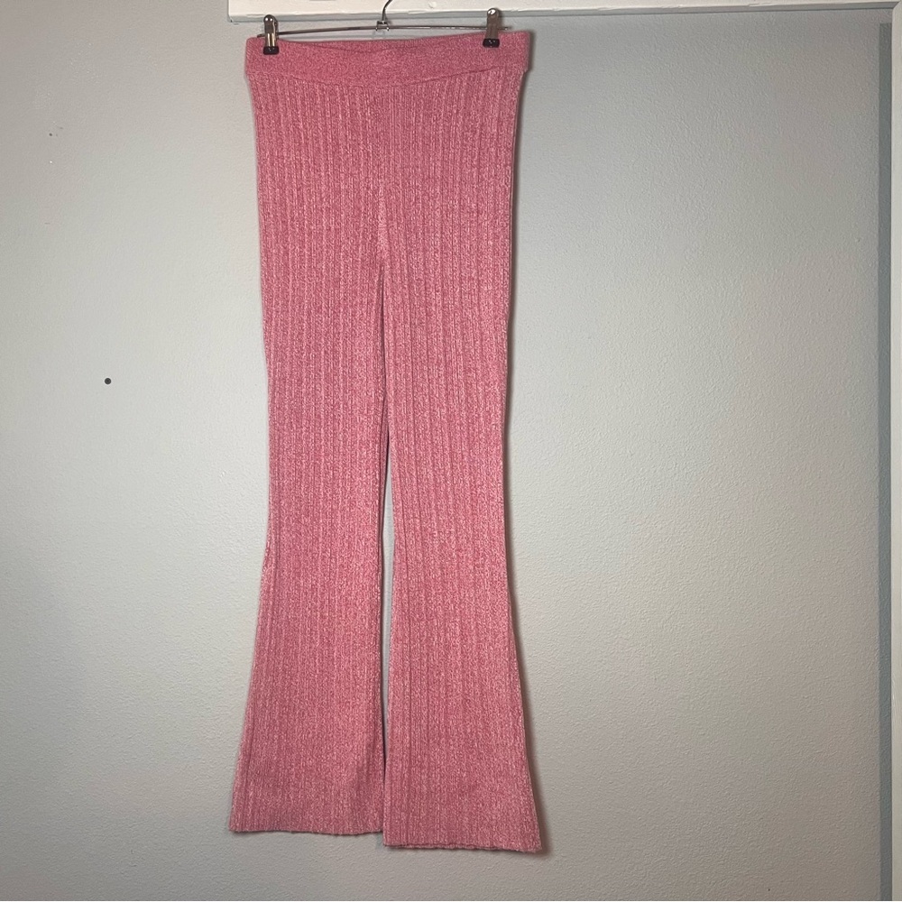 Lovers and Friends Ribbed Flare Sweater Pants Size Large Pink Pull On High Rise